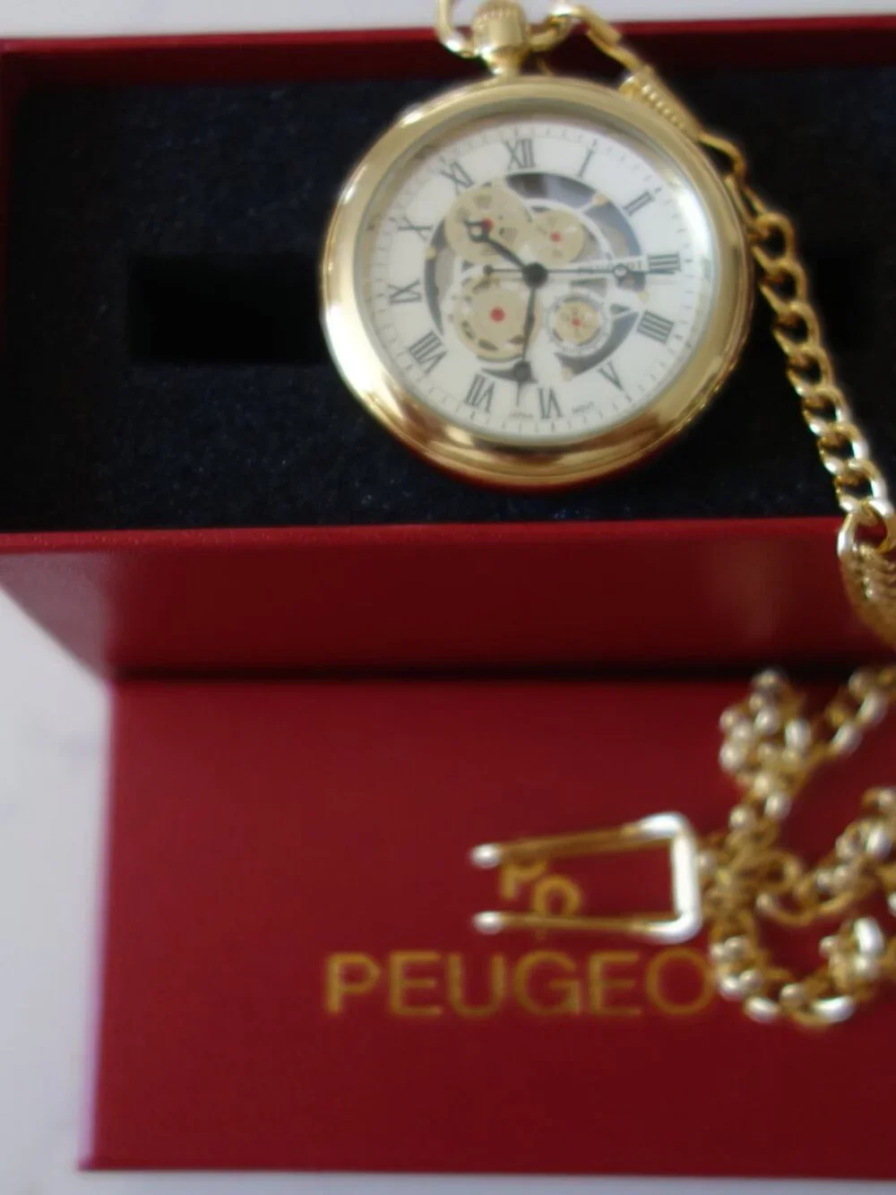 Peugeot Men 14K Gold Plated Deco Skeleton Dial Vintage Pocket Watch with Clip-ON